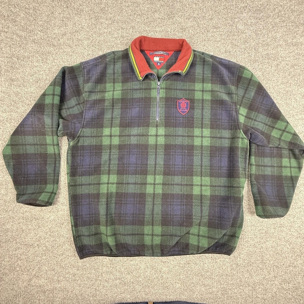 Vintage Tommy Hilfiger Sweater Mens 2XL Green Plaid Fleece 1/4‎ Zip Pullover 90s